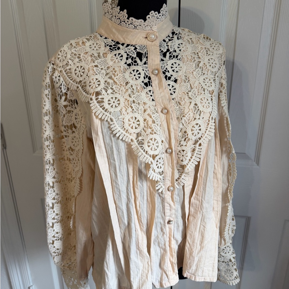 Vintage Style Victorian Lace Blouse Cream High Neck Cottagecore Prairie Top